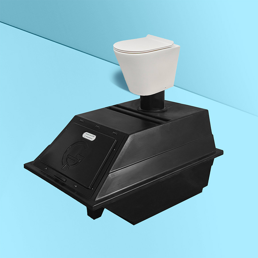 CF 8 continuous composting toilet with non separating porcelain pedestal blue background