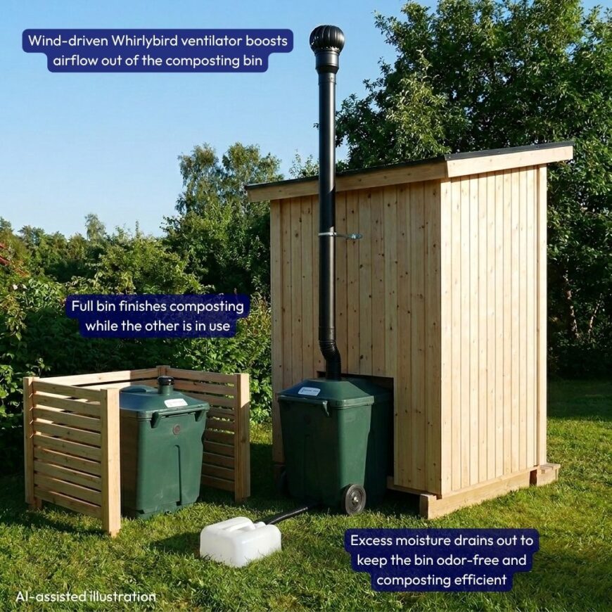 Green Toilet 330 composting toilet illustration with spare container in outhouse without labels