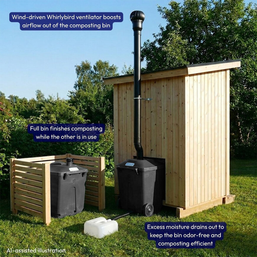 Green Toilet 330 composting toilet illustration with spare container in outhouse black bins 2026