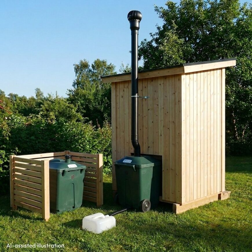 Green Toilet 330 composting toilet illustration with spare container in outhouse without labels