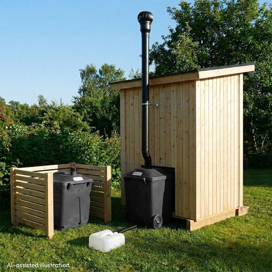 Green Toilet 330 composting toilet illustration with spare container in outhouse without labels black bins 2026