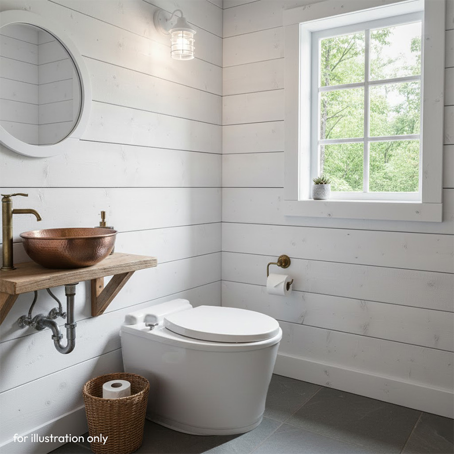A white floor-standing waterless toilet in a modern cabin bathroom with white shiplap walls and a copper basin