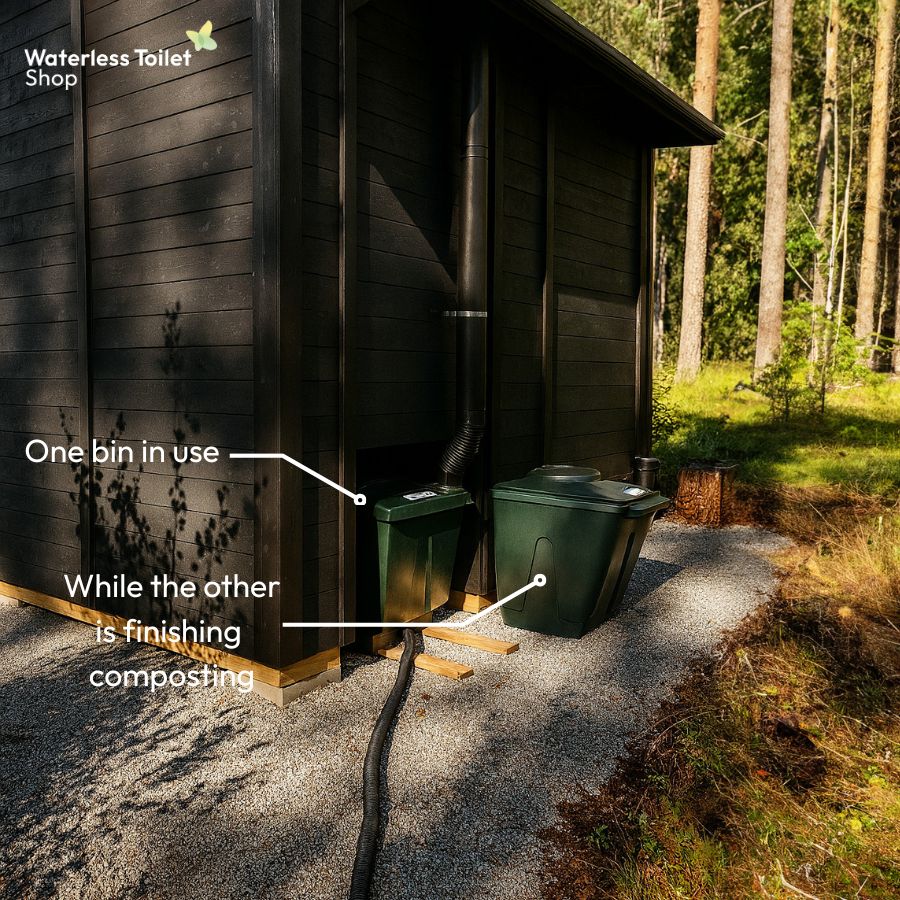 One bin in use while the other is finishing up composting process