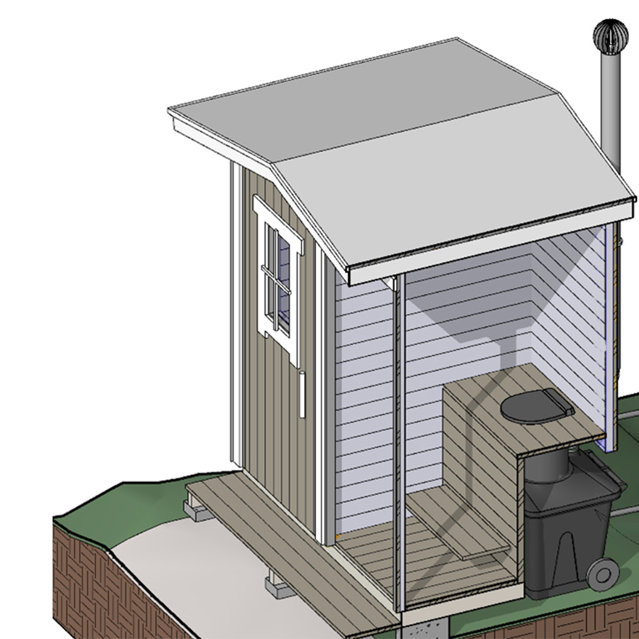 The bin sits under the outhouse seat, vent pipe up the back wall