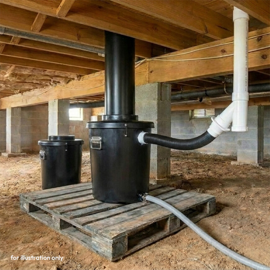 GL 55 batch composting toilet in a crawlspace