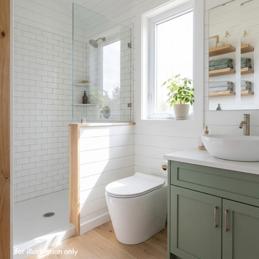 Ceramic composting toilet in tiny home restroom