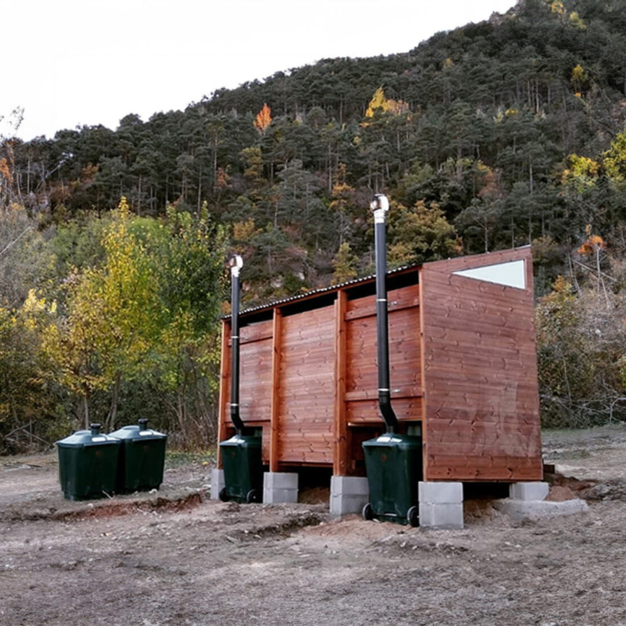two sided outhouse from behind waterless toilet shop
