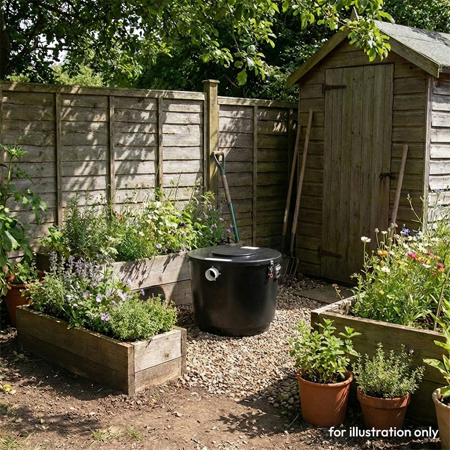 A full GL 90 composting container finishing its cycle outdoors — placing it in a sunny spot helps warm the bin and speeds up decomposition.
