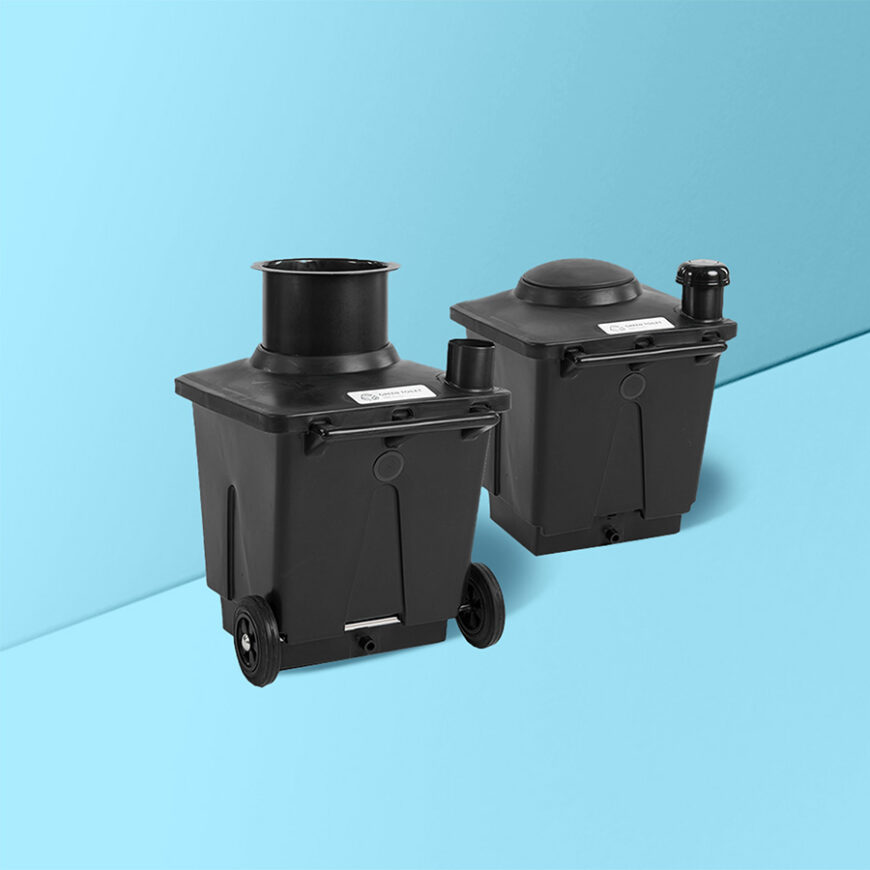 Green Toilet 120 with Spare Container Batch Composting Toilet blue background update black composting bins