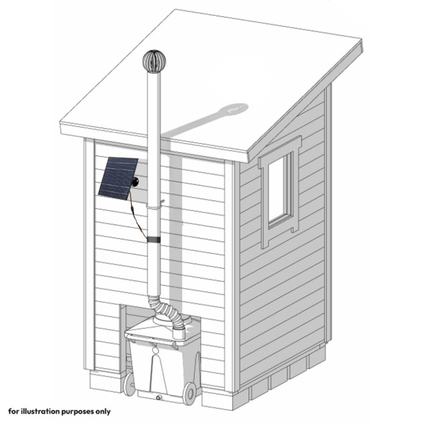 Solar Power Kit with built in battery mounted to outhouse wall illustration