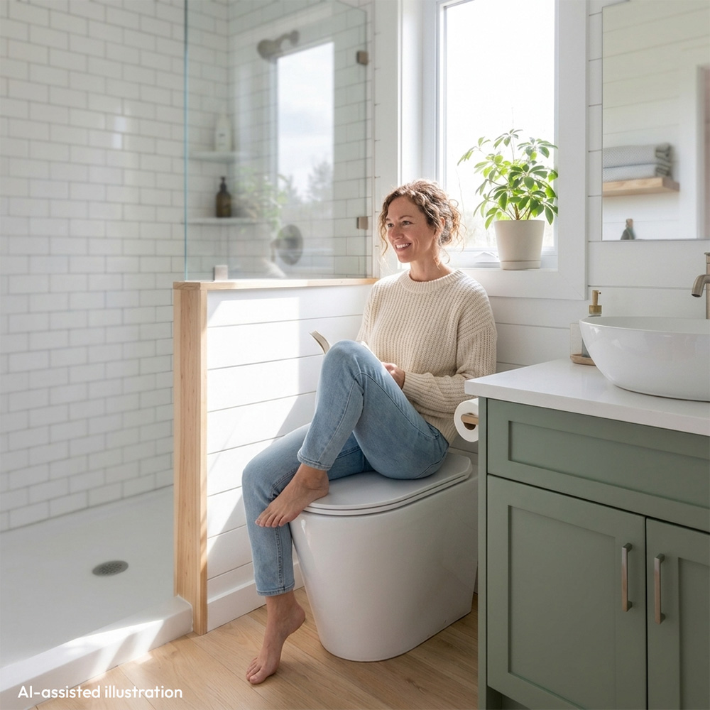 Urine diverting porcelain pedestal inside a bathroom with a female sitting on it