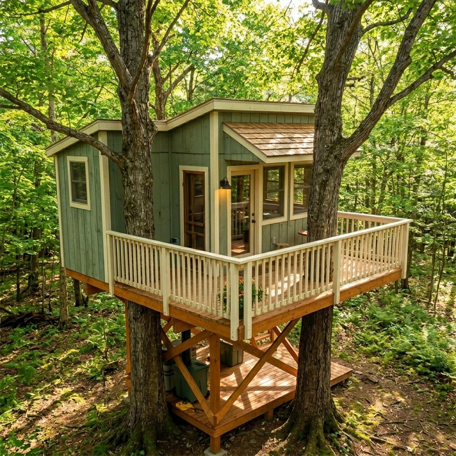 Underside of a treehouse platform showing the composting container at ground level, reachable without a ladder
