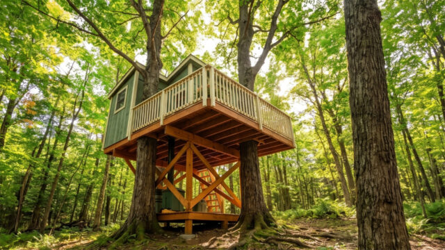 Treehouse in a forest with a split-system composting toilet, the composting container standing at ground level below the platform