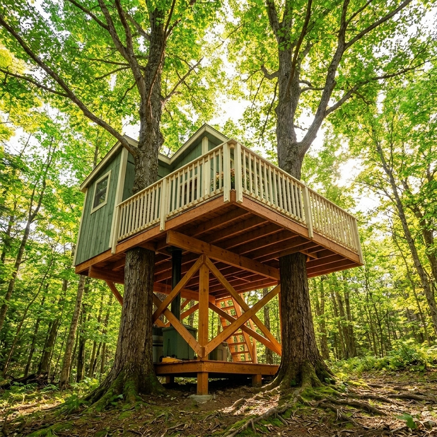 Treehouse deck with the composting toilet container placed on the ground directly below