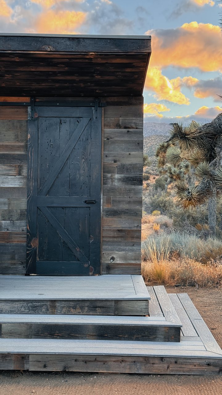 A black wooden barn door on a reclaimed-wood outhouse, with Joshua trees and an orange sunset sky beside it