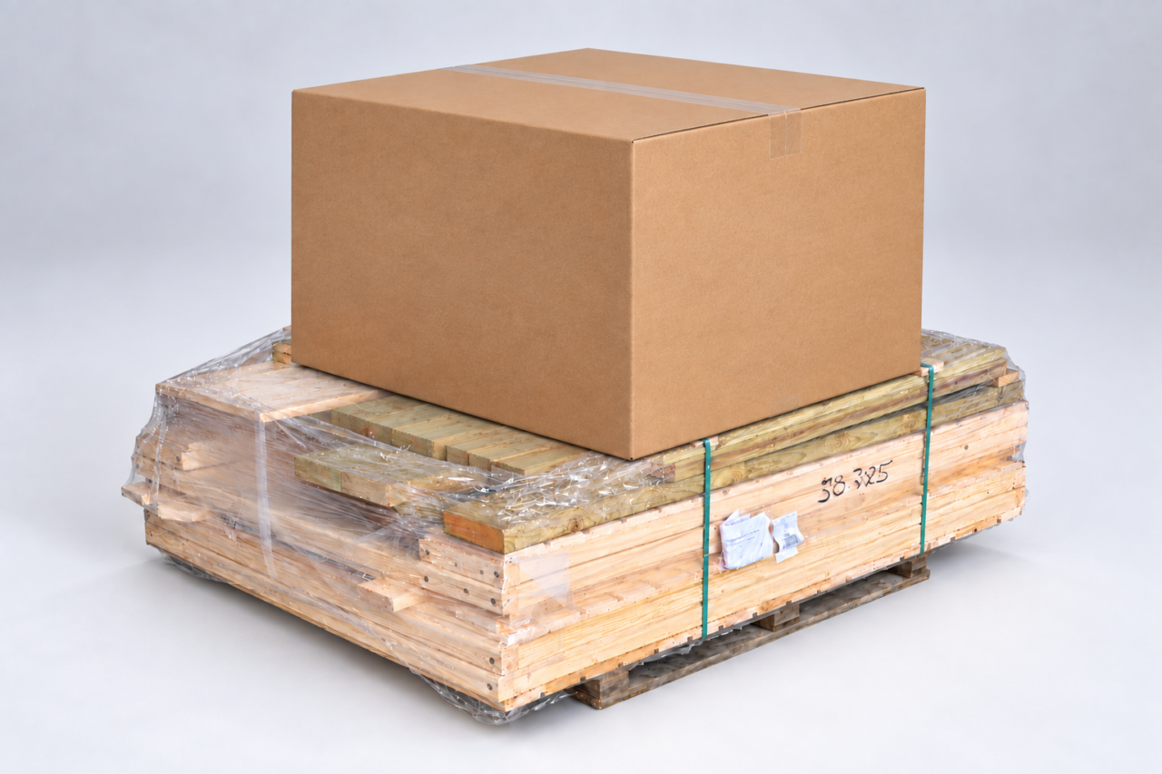 The Finnish Outhouse timber kit wrapped in clear film and secured with green straps on a pallet, with a large sealed cardboard box on top.