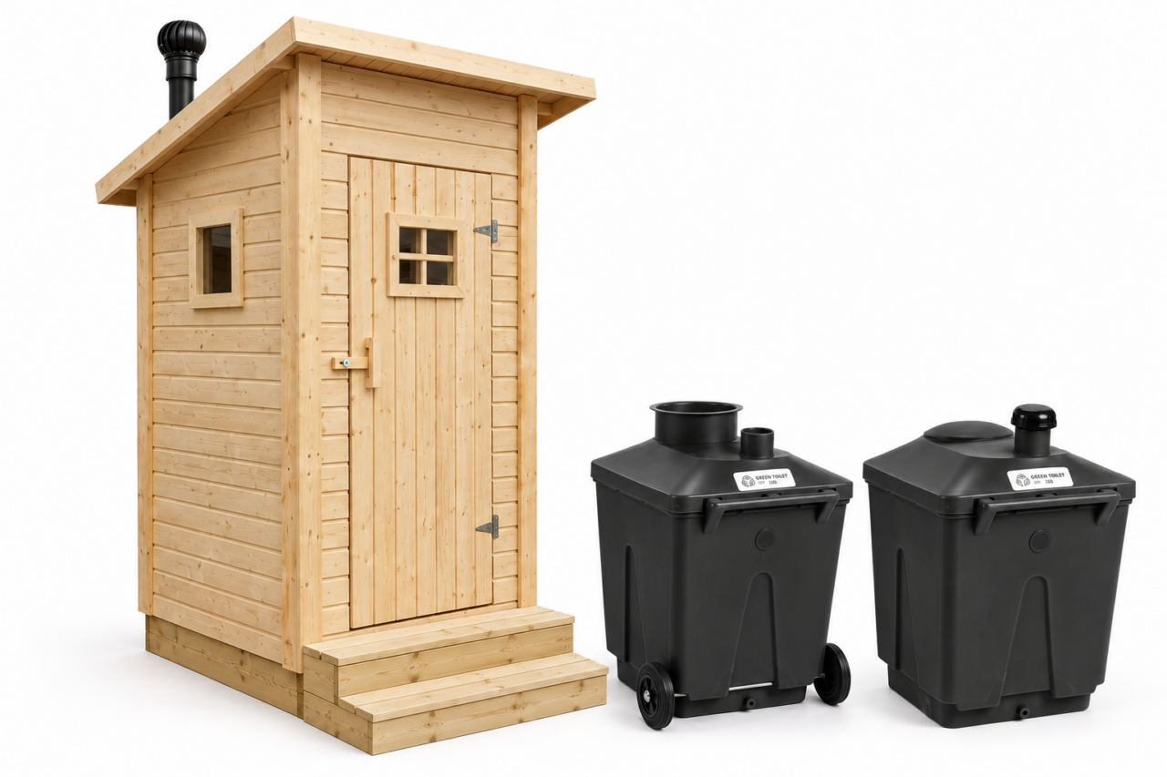 Unpainted pine Finnish Outhouse with rear ventilation pipe and black wind turbine, beside the Green Toilet 330 main and spare containers on the right, on a white background.