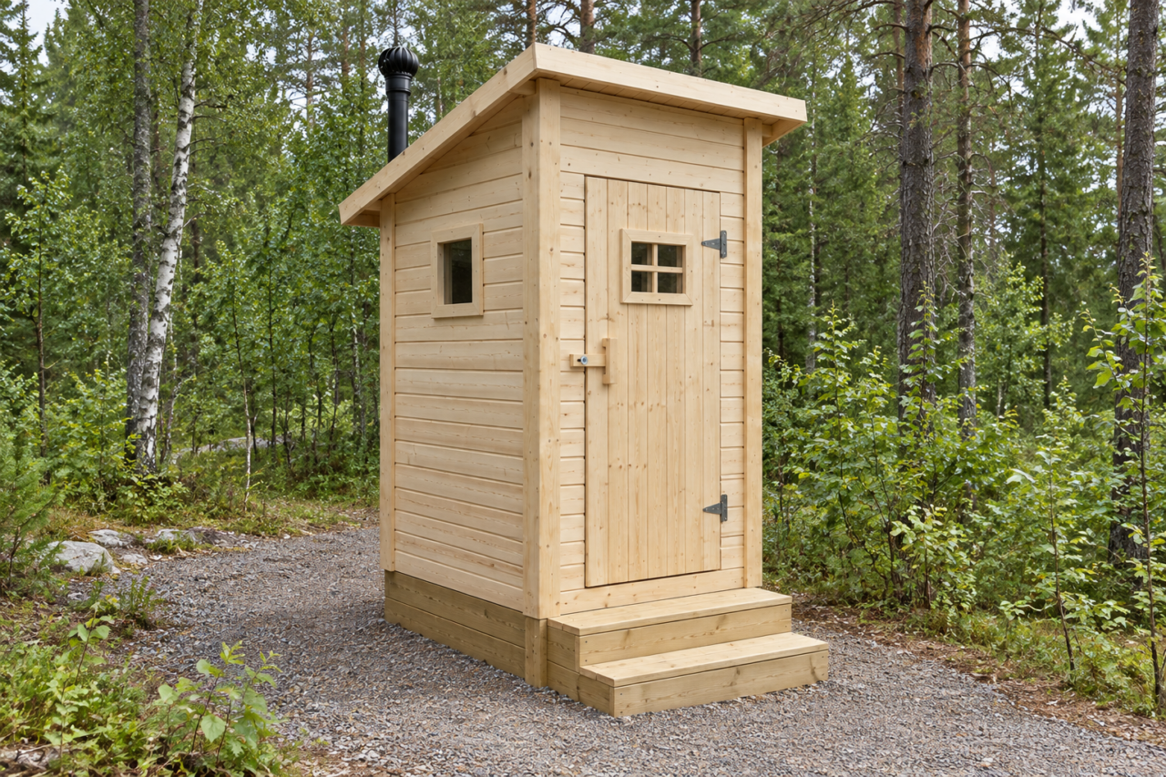 A small unpainted pine wooden outhouse with wooden steps on a gravel path in a birch and pine forest