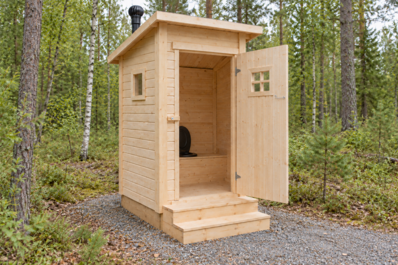 Unpainted pine Finnish Outhouse beside a woodland gravel path, with its door open to show the wooden bench and black thermal seat, two pine steps and a black roof ventilator.