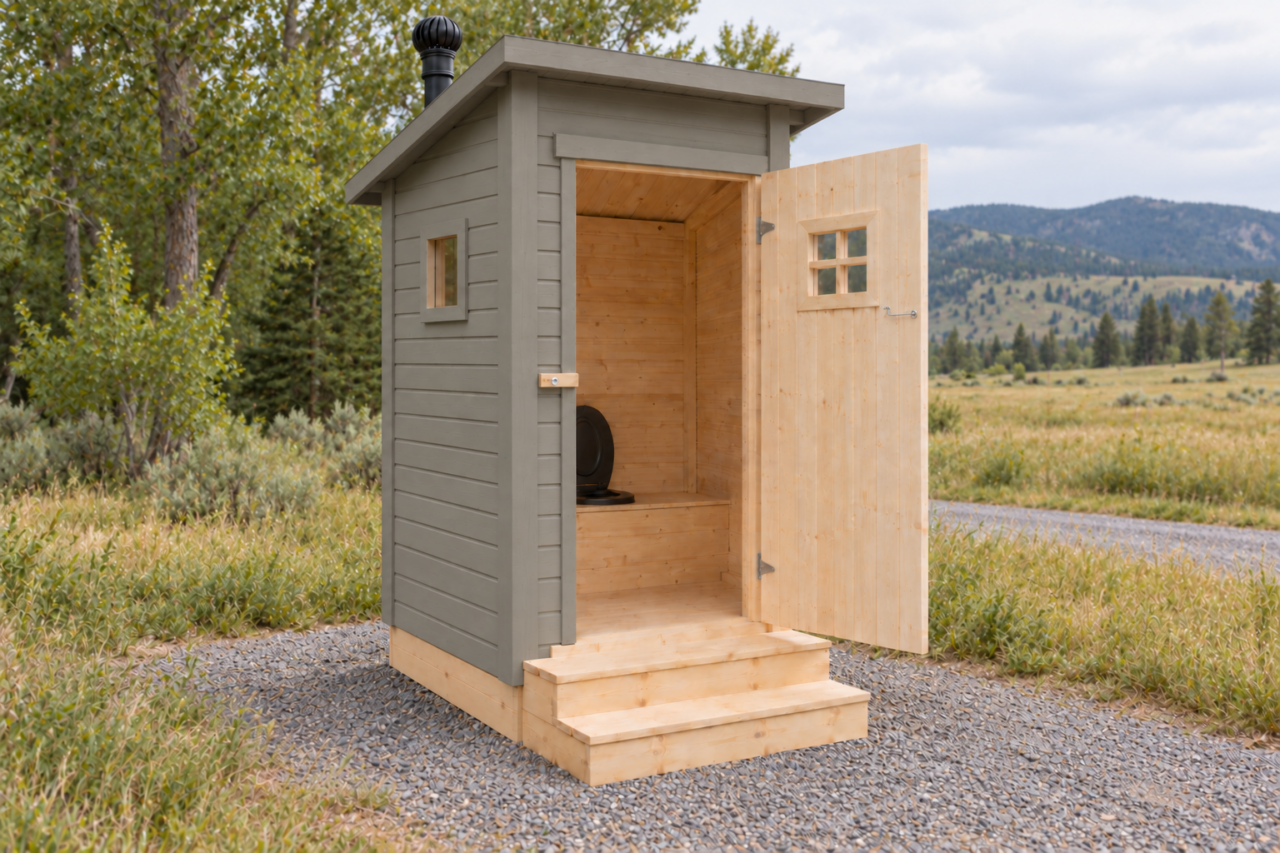 Warm gray Finnish Outhouse beside a meadow, with an unpainted pine base and two steps. The open door reveals the pine interior, black thermal seat and small metal privacy hook.