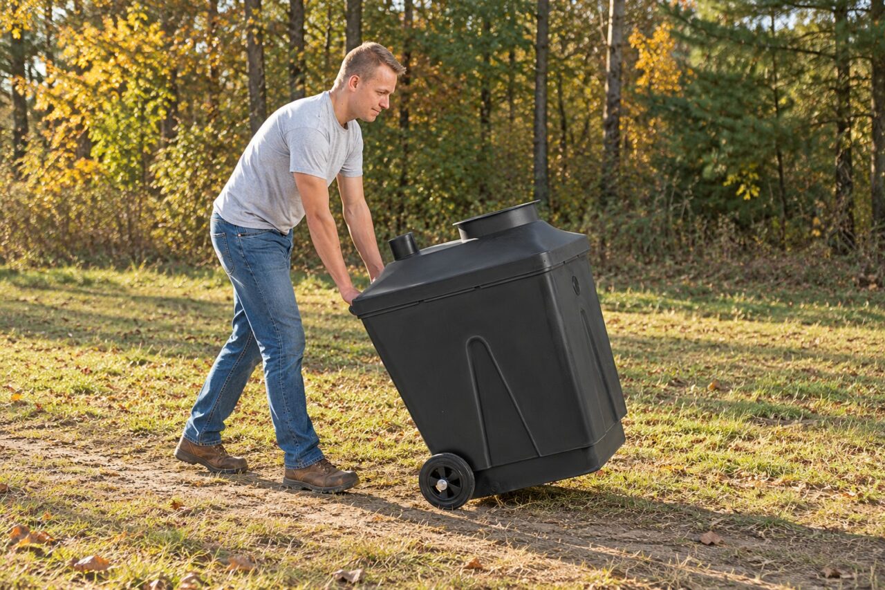 A man tilts a black Green Toilet 330 container onto its two wheels and rolls it along a dirt path across an autumn lawn
